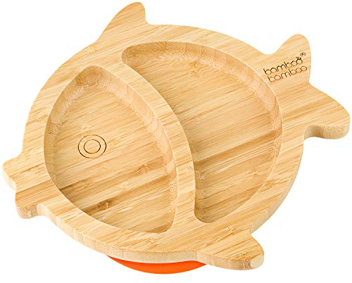 bamboo bamboo Assiette Bébé et Enfant pour Repas et Sevrage, Plat Poisson en Bamboo avec Ventouse Sécurisée dès 6 Mois (Poisson, Orange)