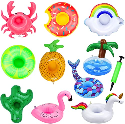 iYInJuan 10pcs Porte-gobelets Gonflables pour Piscine, Flotteurs de Boissons Gonflables, Porte Verre Porte-Boisson Gonflable sous-Verres Flottant Piscine pour Plage Fête Soirées, avec 1 Pompe à Air