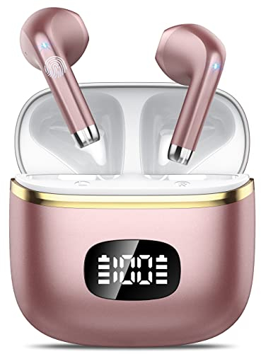 POMUIC Ecouteurs Bluetooth sans Fil,2023 5.3 ENC Réduction Casque,40 Heures Durée de Lecture Écran LED,Hi-FI Son Stéréo,IP7 Étanche,Contrôle Tactile Oreillette Bluetooth W23 Or Rose