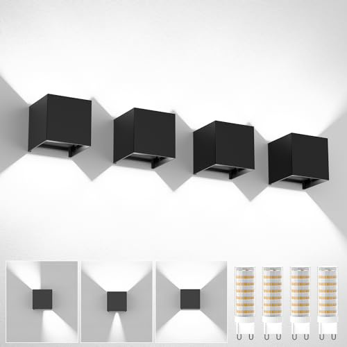 Set om 4 utomhusvägglampa, vägglampa med utbytbara G9-glödlampor, 6 000K, vit, IP65, vattentät, justerbar strålningsvinkel, uppåt modern design, vägglampor, svart