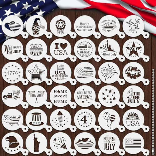 JULBEAR 36 Pieces Reusable 4th of July Cookie Cake Stencils Templates Mold Tools Cookies Baking Independence Day American Flag Painting Dessert Coffee Patriotic Party Decoration
