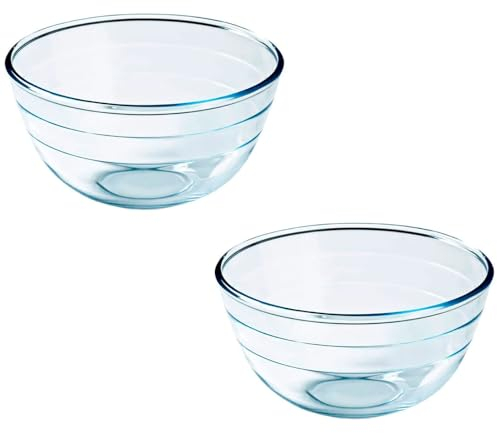 Acan Tradineur - Pack de 2 cuencos redondos de vidrio, bol para mezclar, ensaladera apilable, apto para microondas y lavavajillas, cocina - 1 litro - 17 x 10 cm