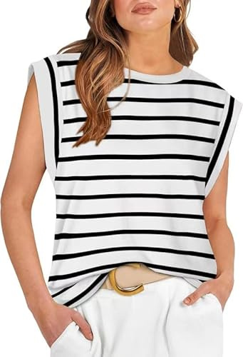 Haibang Camiseta sin Mangas Mujer Verano Camisetas de Manga Corta de Rayas Cuello Redondo Básica Blusas Elegantes Holgado Tank Tops Casual Color Sólido T-Shirts AlgodóN Chaleco Chic Moda Camisa