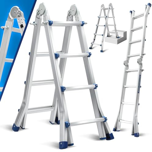 Ikodm Escalera multiusos de 402 cm, peldaños 4 x 4, escalera telescópica 3 en 1, escalera de aluminio, escalera plegable, escalera plegable a ambos lados y escalera