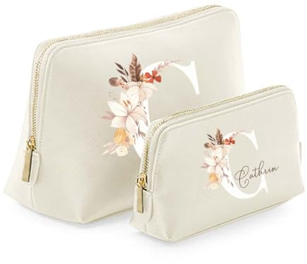 Sprinkle & Style Premium Kosmetiktasche mit Initialen und Namen Boho Stil Beige, Groß, Klein, im Set, veganes Leder Saffiano Optik,hochwertig und personalisiert (Klein (18 x 11 x 4,5 cm), Schwarz)