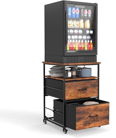 Suuiwau Mini Fridge Oven Stand With Storage,Rolling Fridge Table With Drawers And Shelf,Heavy Duty 19.7l*19.7w Tabletop,Microwave Refrigerator Rack Organizer With Wheels For Home Office Dorm(Brown)
