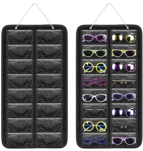 HNBTX Organizador Gafas Colgante, 16 Compartimentos organizador gafas de sol,con 3 Gancho de Metal,Soporte Colgante De Fieltro Para Gafas Perfecto para cualquier habitación-Negro