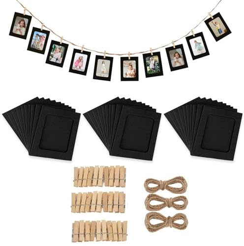 30 Pz Cornice di Carta per Foto DIY 6 pollici, Cornice Portafoto in Carta Kraft cartoncino 15,5 x 11,5 cm, cornici portafoto in cartone,con Clip di Legno e Corda di Canapa, per Decorazione(nero)