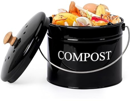 Muuookka Contenedor de Compost para Encimera de Cocina, Cubo de Compost de 1 GalóN con Tapa, Color Negro.