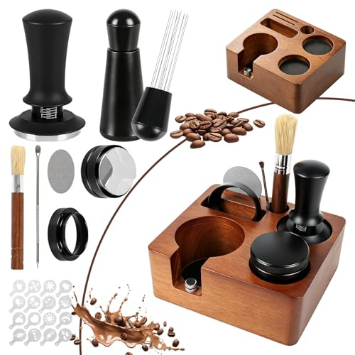 Kit Cafe Barista 51 mm, 9 Piezas Accesorios Cafetera con Tamper, Distribuidor, WDT Tool, Anillo Dosificador, Puck Screen, Tamper Station, Cepillo Limpiador y Latte Art Pen, Juego de Prensador de Cafe