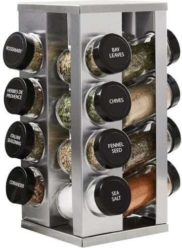 Kamenstein 16 Jar Heritage Revolving Countertop Spice Rack Organizer with Spices Included, FREE Spice Refills for 5 years, Brushed Stainless Steel with Black Caps