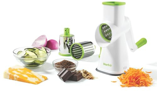 Starfrit Drum Grater - 3 Interchangeable Stainless Steel Barrels - Slice, Coarse and Fine Grating - Vegetable, Cheese, Nuts, Chocolate