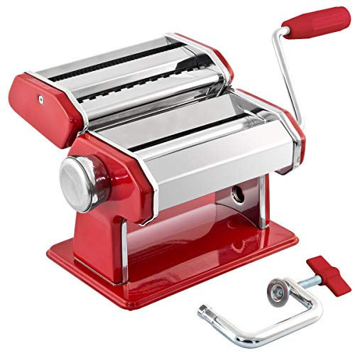 GOURMEX Stainless Steel Manual Pasta Maker Machine | With Adjustable Thickness Settings | Perfect for Professional Homemade Spaghetti and Fettuccini | Includes Removable Handle and Clamp (Red)