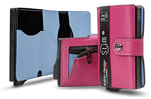 SLim Porta Carte di Credito Schermato Portafoglio Uomo Rfid Portatessere Anticlonazione Donna Portacarte Uomo (Fucsia e Celeste, Con Zip)
