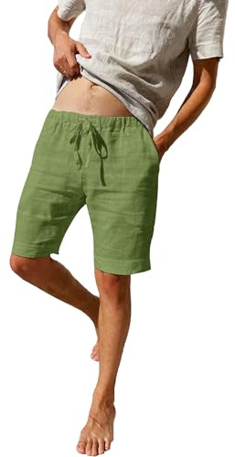 LVCBL Pantalones Cortos de Hombre Lino con Cordón Ropa de Casa Verde Ejército 3XL