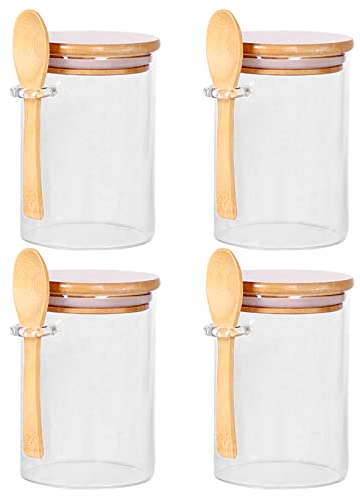 CZFWin Glass Jars with Bamboo Lids and Wooden Spoons Set of 4, Coffee Tea Sugar Container for Loose Canister Storage, Overnight Oats Containers Scoop Seasoning, Coffee, Yogurt (CZ-ZS4)