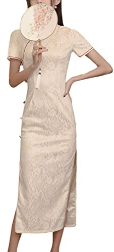 Short Sleeve Traditional Mini Cheongsam Mandarin Collar Chiense Style Qipao Vintage Bodycon Qipao Outfit, 08-beige, M