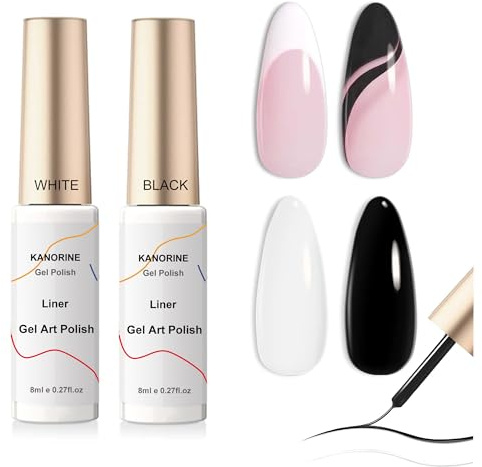 KANORINE Liner Gel Black White Set, 2x 8ml French Tip Gel Polish, Nail Art Paint With Built-in Thin Brush, Soak Off