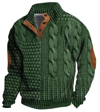 Berrynight Hommes Casual Rétro Cachemire Col Montant Bouton Sweatshirt Élégant Vintage Tops Boutons Pull à Manches Longues, vert, 3XL
