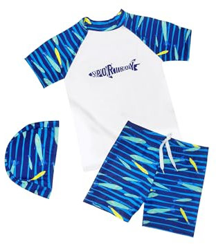 UV Shirt Kinder Und Badeshorts Jungen, UV Badebekleidung Junge, Badeshirt, Badehose, Badekappe, Hai-Muster Schwimmshirt (5-6 Jahre)