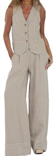 Abito in Lino da Donna Elegante per il Tempo Libero Completo Estivo in Lino in Due Pezzi Blazer Senza Maniche Gilet e Pantaloni con Scollo a V Completo in 2 Pezzi Tailleur Casual Tinta Unita(Beige,XXL