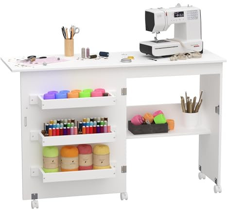 Nisorpa mesa de costura plegable, 2 en 1 con estantes de almacenamiento y ruedas bloqueables, gran mesa para manualidades, máquina de coser multiusos, estación de trabajo