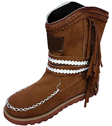 BIISDOST Stivali da donna retrò, da cowboy, stile vintage, in pelle scamosciata, invernali, caldi, a gambo lungo, casual, con frange, stile classico, marrone, 41 EU