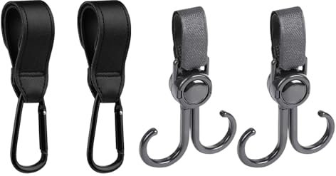 APKOL 4 Stück Kinderwagen Haken, Karabinerhaken Kinderwagen Haken, Leder Kinderwagen Taschenhalter, Kinderwagen Haken für Kinderwagen, Fahrräder, Rollstühle, Autos(Schwarz)