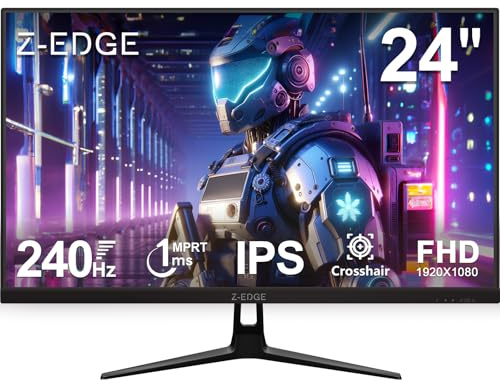 Z-Edge Gaming PC-skärm 24 Tum 240 Hz, IPS-panel, 1ms, FreeSync, FHD (1920 x 1 080), Spelskärm 16:9, Justerbar Lutning, 2 × HDMI2.0 och 2 × DP1.4, 350cd/m², HDR10, VESA 75 x 75 mm (DP-kabel Ingår)