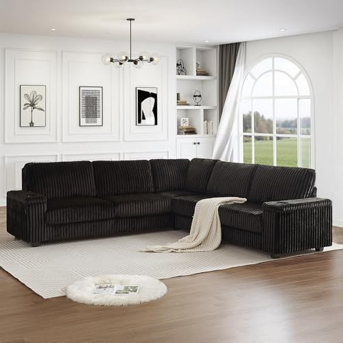 UQGVML Black Sectional Couches for Living Room, Oversized Corduroy Couch, Sectional Corner Sofa with Cup Holders & USB, L Shaped Sofa