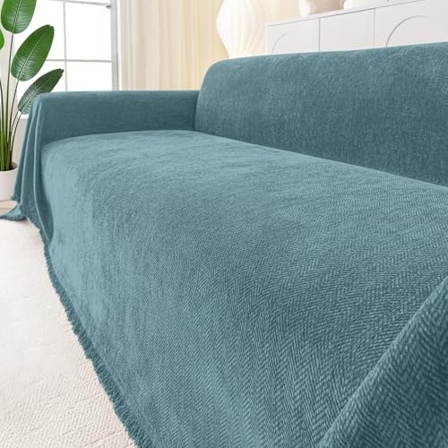 Smiry Couch Cover for Dogs, Washable Chenille Sofa Covers for 3 Cushion Couch, Soft Sofa Slipcover for Pets, Thick Sectional Furniture Protector with Tassels (Blue, 88.5x134 Inch)