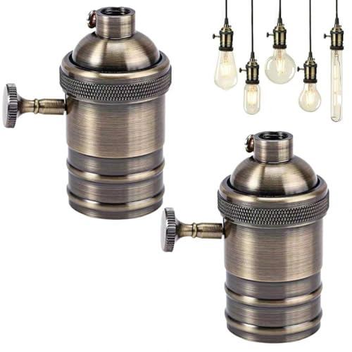 ZRZTM 2 Portalampada Vintage Alluminio Antico, E26/E27 Vintage Portalampada, Edison in alluminio anticato con interruttore rotante, Design Semplice e Pratico per Illuminazione Ed Esterna Facile