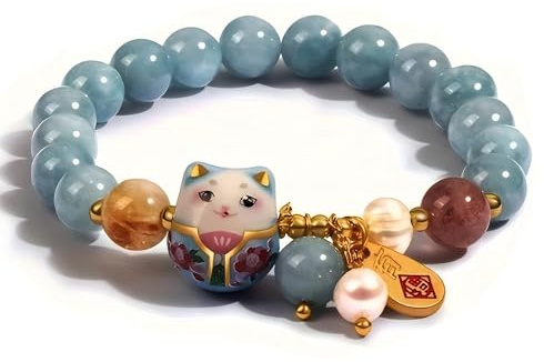 Bracciale Donna con Ciondolo Gatto in Ceramica e Perle di Cristallo Blu – Braccialetto Elegante, Gioiello Raffinato per Donna, Regalo Amica, Sorella o Mamma, Bracciale Perle dal Design Delicato 15 cm