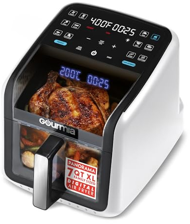 Gourmia Air Fryer 7 QT - Easy View Panorama Window & Interior Light, Guided Cooking with 12 One-Touch Presets, FryForce 360, Dishwasher Safe Accessories, White