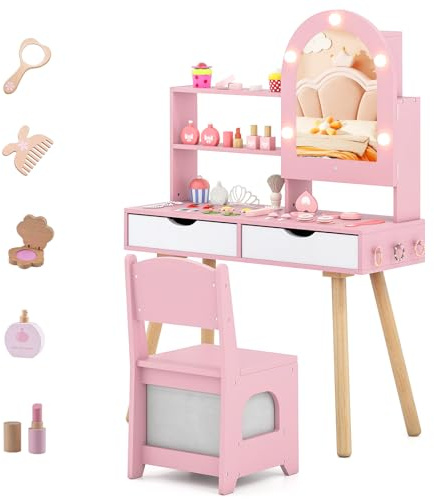 GYMAX Kids Vanity Table and Chair Set, Toddler Dressing Table with 3-Color Lights, Mirror Cabinet, Storage Drawers, Hooks and Shelves, Wooden Girls Makeup Desk Chair Set (Pink)
