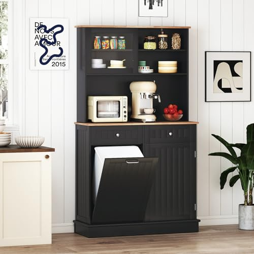 COSTWAY Credenza Alta per Cucina Porta Bidone della Spazzaturi, Mobile Cucina Dispensa con 2 Cassetti, Ante e 2 Ripiani Regolabili, Armadio Cucina in Legno di Gomma, 100 x 34 x 172 cm, Bianco (Nero)