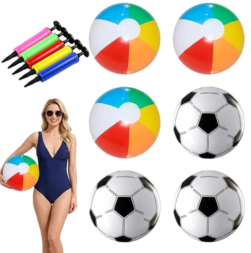 dienjason 6 Pcs Beach Ball, Inflatable Beach Ball Set, Swimming Pool Balls, Rainbow Ball and Dodgeball Balls,Three Colourful Balls with Three Black White Footballs and One Air Pump