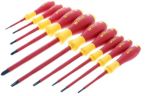 Wiha 32093 Slotted and Phillips Insulated Screwdriver Set, 1000V, 10-Piece, Slotted 2.0–6.5mm, Phillips #0–#3