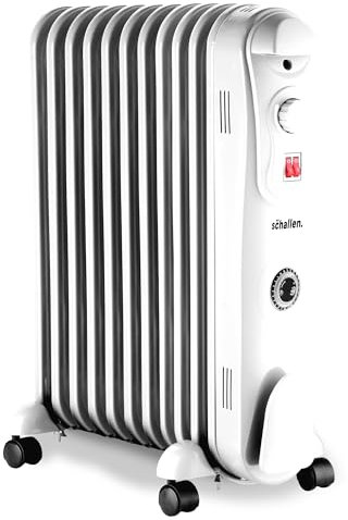 Schallen 2500W 11 Fin Portable Electric Slim Oil Filled Radiator Heater with Adjustable Temperature Thermostat, 3 Heat Settings & Built in 24H Timer | 2.5KW (White, 2500W | 11 Fin with Timer)