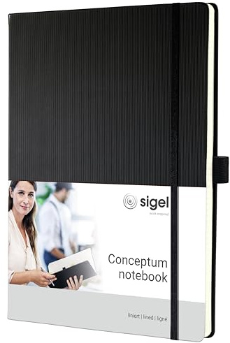 SIGEL CO116 Premium Notizbuch A4+ liniert schwarz, Hardcover, 194 nummerierte Seiten, nachhaltiges Papier, mit Inhaltsverzeichnis, Stiftschlaufe, Falttasche, Gummibandverschluss, Conceptum