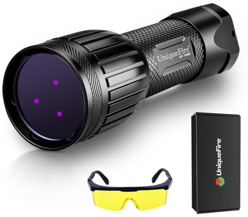 UniqueFire 1408 365nm Black Light UV Flashlight with 3 LEDs Professional UV Light,Powerful Blacklight Flashlight for Pet Urine Finding & Mineral, Antique Detection, Scorpion Search, etc