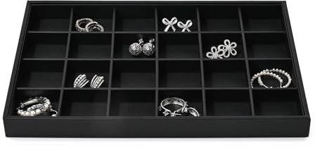 Oirlv Vassoio Organizzatore per Gioielli in Pelle Nera PU con 24 Scomparti - Organizzatore per Anelli e Orecchini