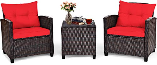 Tangkula 3 Pieces Patio Furniture Set, PE Rattan Wicker 3 Pcs Outdoor Sofa Set w/Washable Cushion and Tempered Glass Tabletop, Conversation Furniture for Garden Poolside Balcony (Red)
