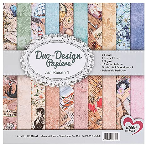 Ideen mit Herz Duo-Design-Papiere | Block mit 20 Blatt Bastelpapier | 25 x 25 cm | 250g/m² | beidseitig bedruckt | Designpapier, Motivpapier | ideal für Scrapbooking, Basteln (Auf Reisen 01)
