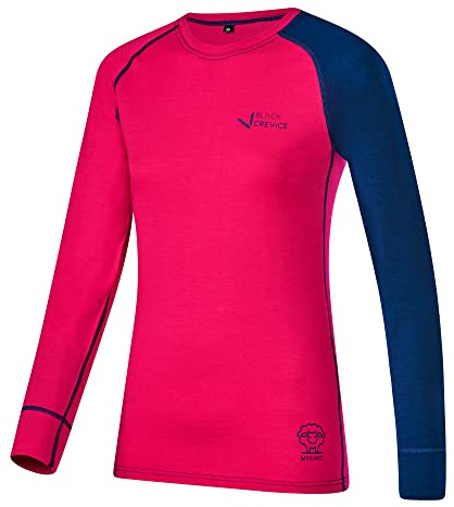 Black Crevice Maglia a Maniche Lunghe da Donna in Lana Merino Canottiera, Rosa/Blu Acciaio, 40