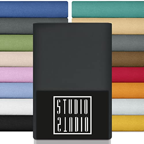 STUDIO Premium Spannbettlaken 120x200cm - 130x220cm, 170g/m² gekämmte Baumwolle mit 3% Elastan, Oeko-TEX 100, 120x220, 130x200, Bettlaken auch für Boxspringbetten, Wasserbetten bis 35cm - Anthrazit
