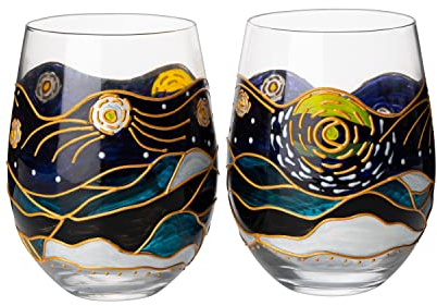 Vincent Van Gogh Artisanal Hand Painted Wine Glasses, Stemless Set of 2 Tumblers - Artistic Gift Idea for Her, Him, Birthday, Housewarming - Extra Large Goblets (18.5 OZ) - Gifts for Artists & Friends
