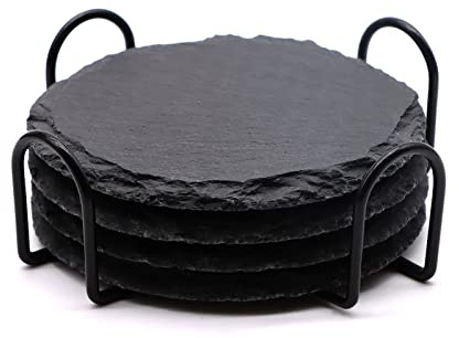 4 PCS Round Slate Drink Coasters Set, SIJDIEE 4 Inch Laser Engraving Black Slate Stone Coasters with Anti-Scratch Bottom and Coaster Holder for Office Bar Kitchen Home Dinner Table Decor Supplies
