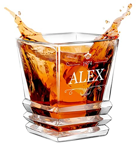 Maverton Bicchiere per whisky 280 ml - incisione personalizzata - bicchiere da whiskey in vetro - bicchiere di cristallo per compleanno - per festa del papà - per Uomo - Corona