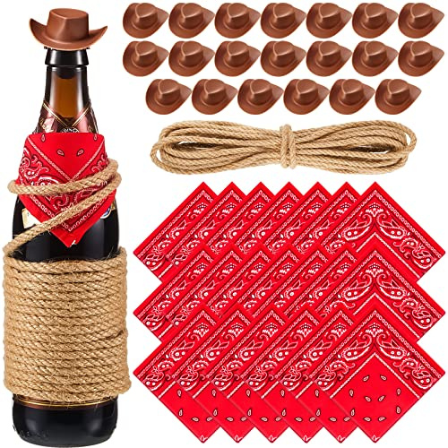 Leitee 20 Sets Mini Cowboy Hats for Crafts Plastic Tiny Cowgirl Hat with Bandanas for Western Cowboy Party Decoration(Red, Brown)